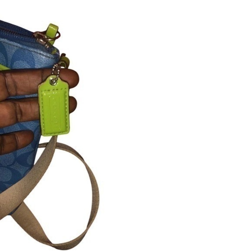 Coach North South Swingpack Crossbody‎ Blue Signature Monogram Lime Green Stripe - Picture 2 of 5